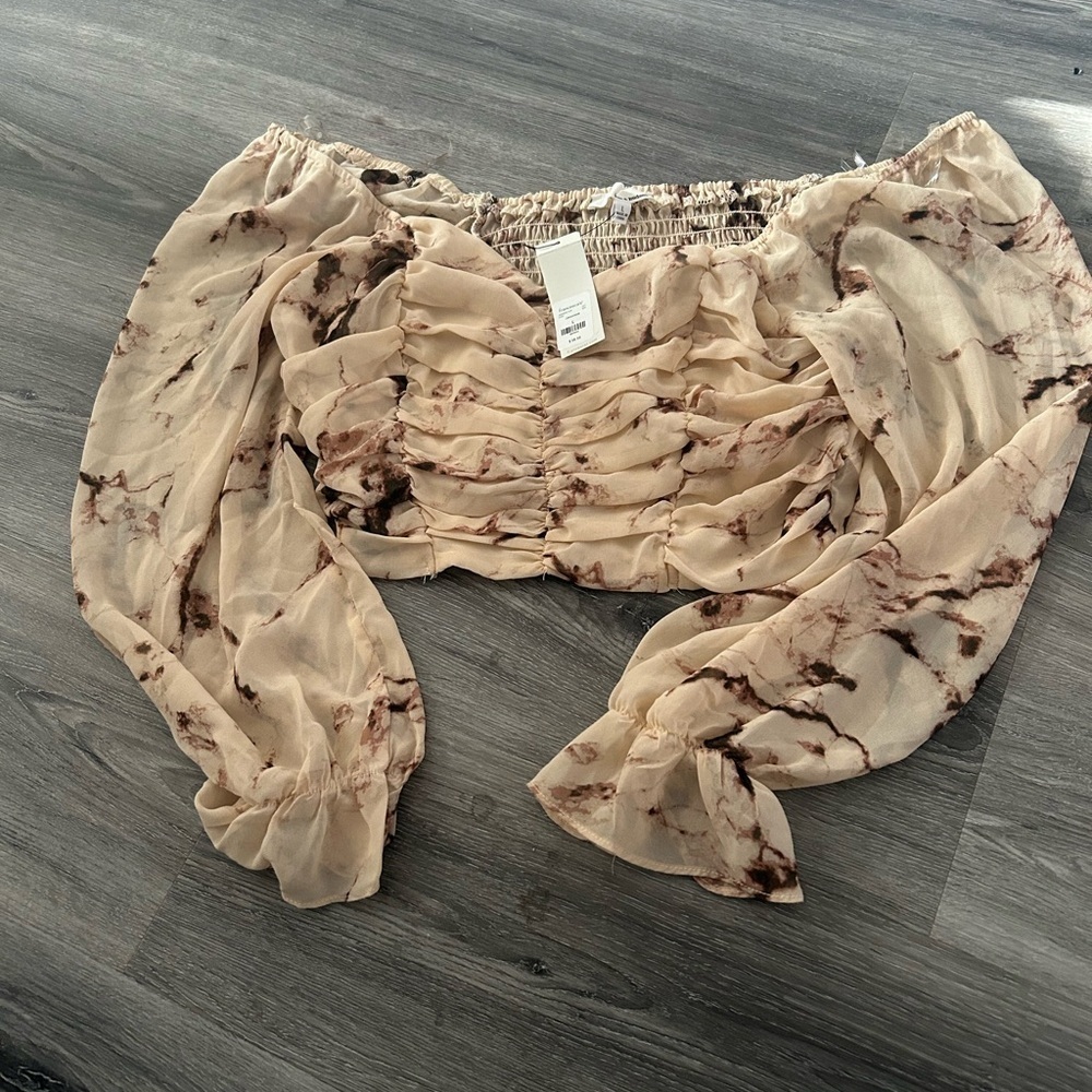 Elegant Cream and Brown Off-Shoulder Top - Picture 3 of 5
